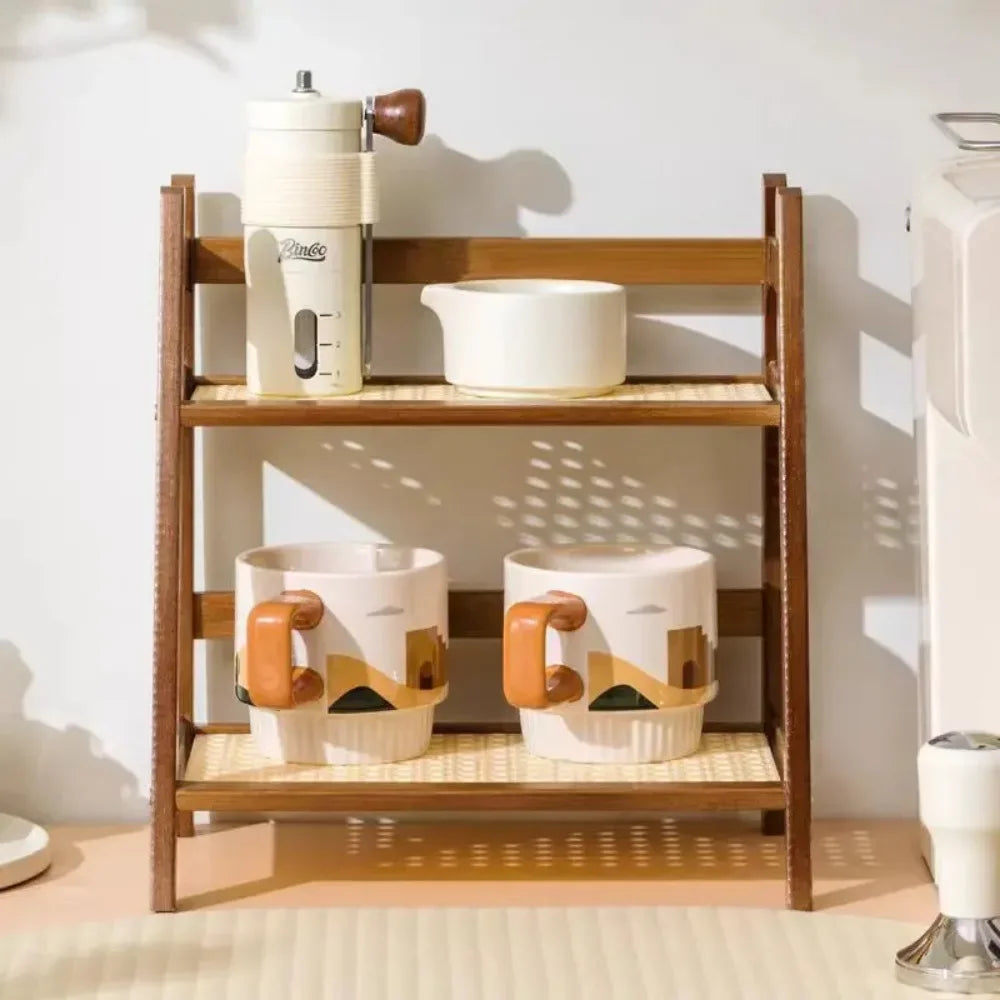 Rack de bambu de camada dupla, tipo aberto, vaso de flores, organizador de armazenamento, rack de armazenamento de artigos diversos, mesa de café, balcão de bar