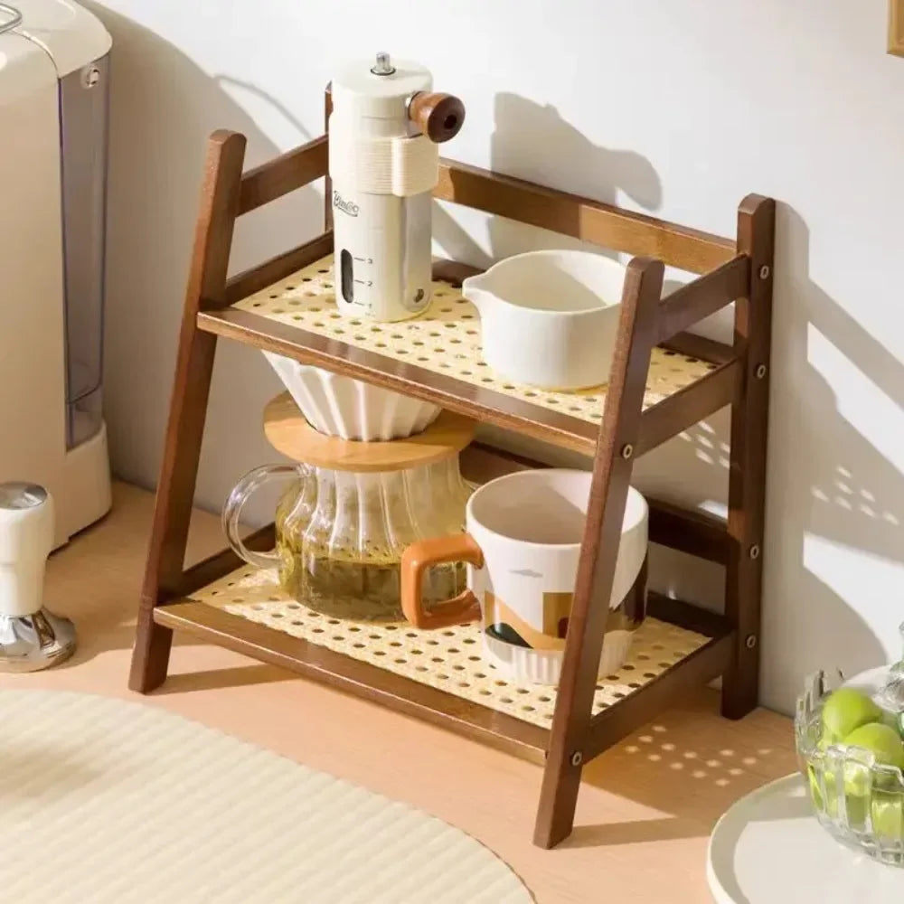 Rack de bambu de camada dupla, tipo aberto, vaso de flores, organizador de armazenamento, rack de armazenamento de artigos diversos, mesa de café, balcão de bar