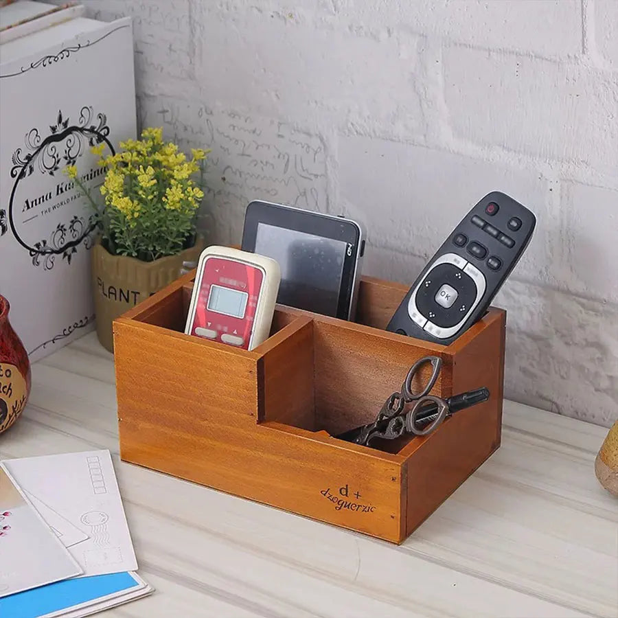 1 pçs caixa de armazenamento de mesa de madeira, caixa de armazenamento de mesa retro, rack de armazenamento de lápis de mesa, rack de colocação de controle remoto, caixa de armazenamento de suporte de caneta de pincel de maquiagem para escritório, penteadeira
