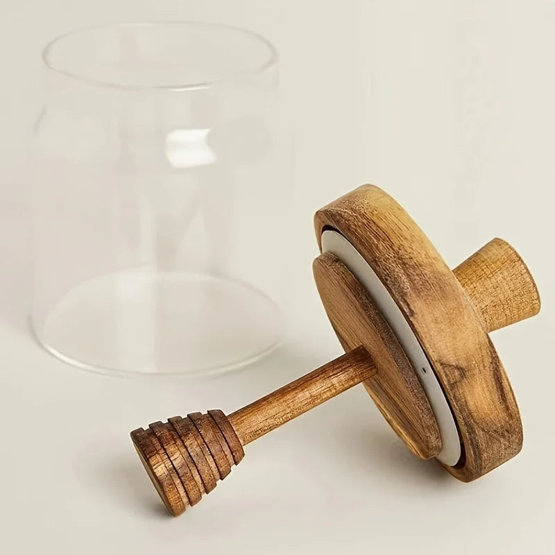 Jarra de mel 400ml, vidro de borosilicato alto, tanque selado com tampa de madeira, haste de mistura, varas de madeira, armazenamento selado transparente