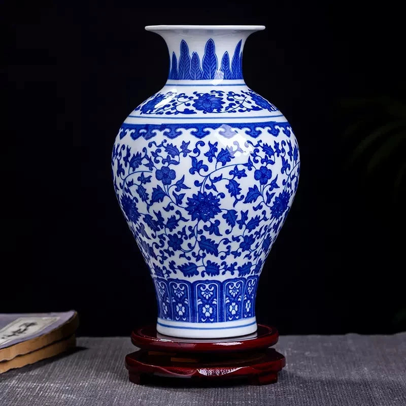 Vaso de porcelana azul e branco, decoração de sala de estar, arranjo de flores, artesanato decorativo antigo, vasos de cerâmica jingdezhen