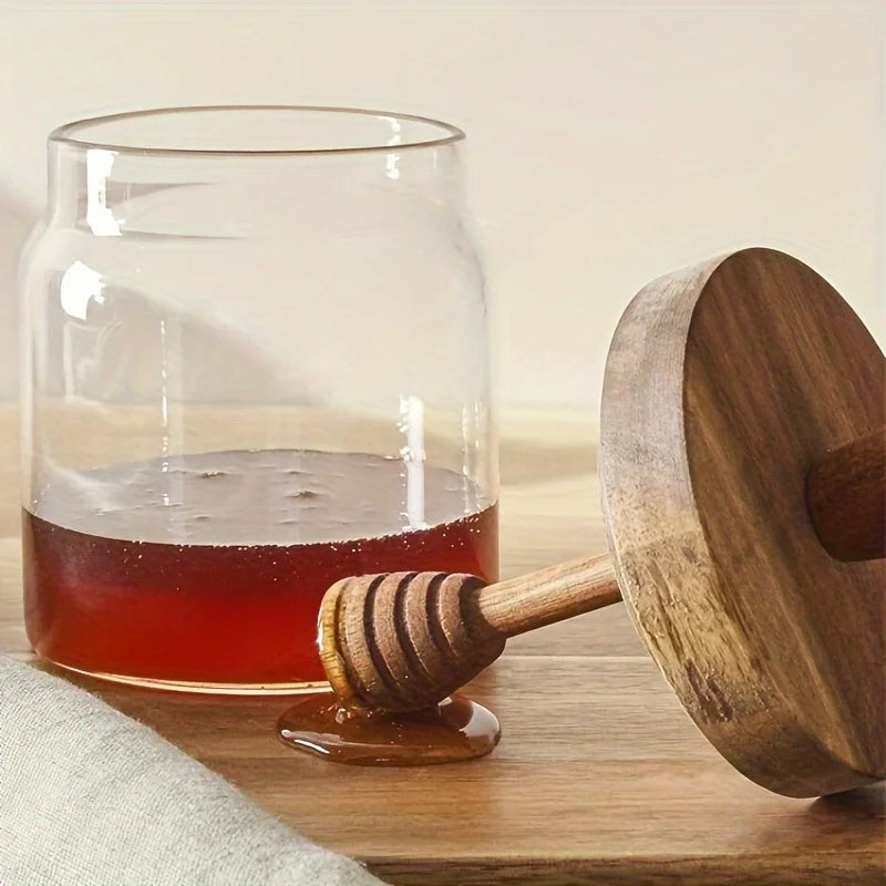Jarra de mel 400ml, vidro de borosilicato alto, tanque selado com tampa de madeira, haste de mistura, varas de madeira, armazenamento selado transparente