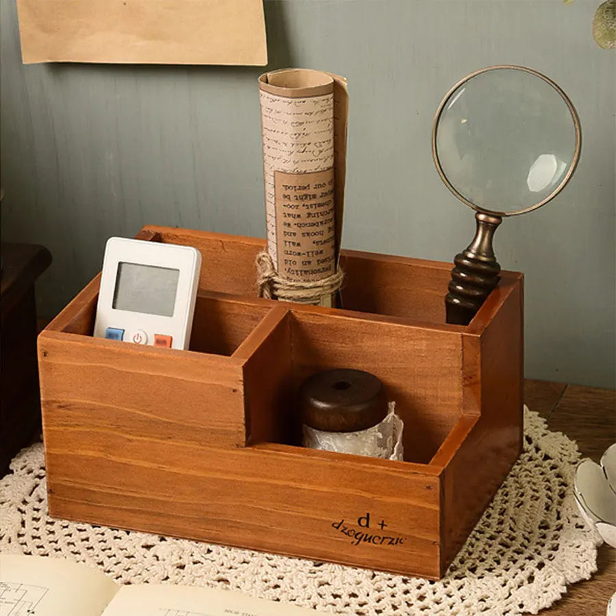 1 pçs caixa de armazenamento de mesa de madeira, caixa de armazenamento de mesa retro, rack de armazenamento de lápis de mesa, rack de colocação de controle remoto, caixa de armazenamento de suporte de caneta de pincel de maquiagem para escritório, penteadeira