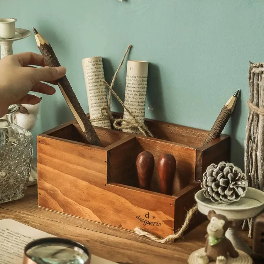 1 pçs caixa de armazenamento de mesa de madeira, caixa de armazenamento de mesa retro, rack de armazenamento de lápis de mesa, rack de colocação de controle remoto, caixa de armazenamento de suporte de caneta de pincel de maquiagem para escritório, penteadeira