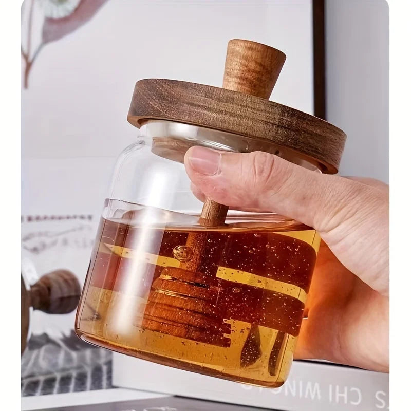 Jarra de mel 400ml, vidro de borosilicato alto, tanque selado com tampa de madeira, haste de mistura, varas de madeira, armazenamento selado transparente