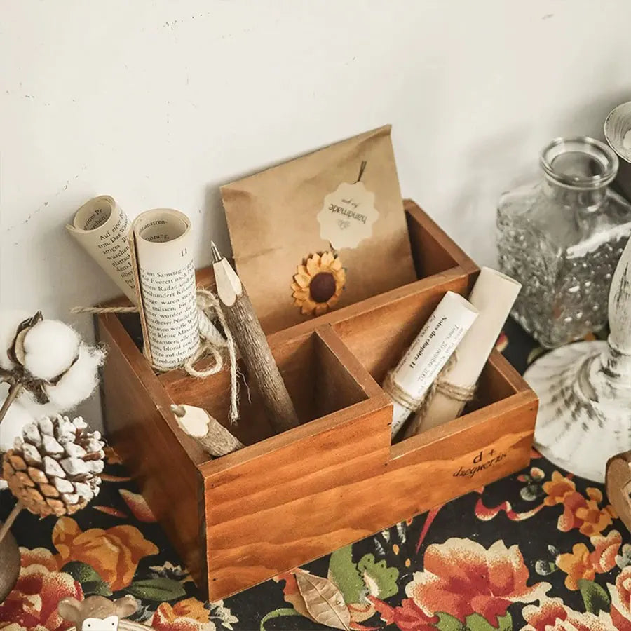 1 pçs caixa de armazenamento de mesa de madeira, caixa de armazenamento de mesa retro, rack de armazenamento de lápis de mesa, rack de colocação de controle remoto, caixa de armazenamento de suporte de caneta de pincel de maquiagem para escritório, penteadeira