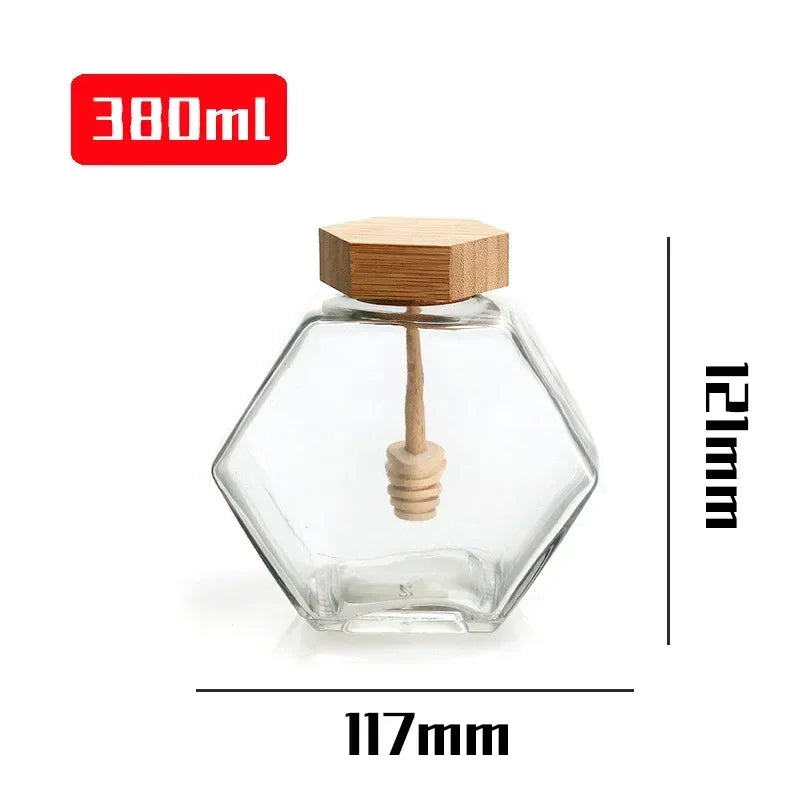 Frasco De Vidro Hexagonal Com Agitando Dipper, Tampa De Madeira De Bambu, Recipiente De Mel Hexagonal, Tampa De Ferro Garrafa De Armazenamento, 100ml 380ml