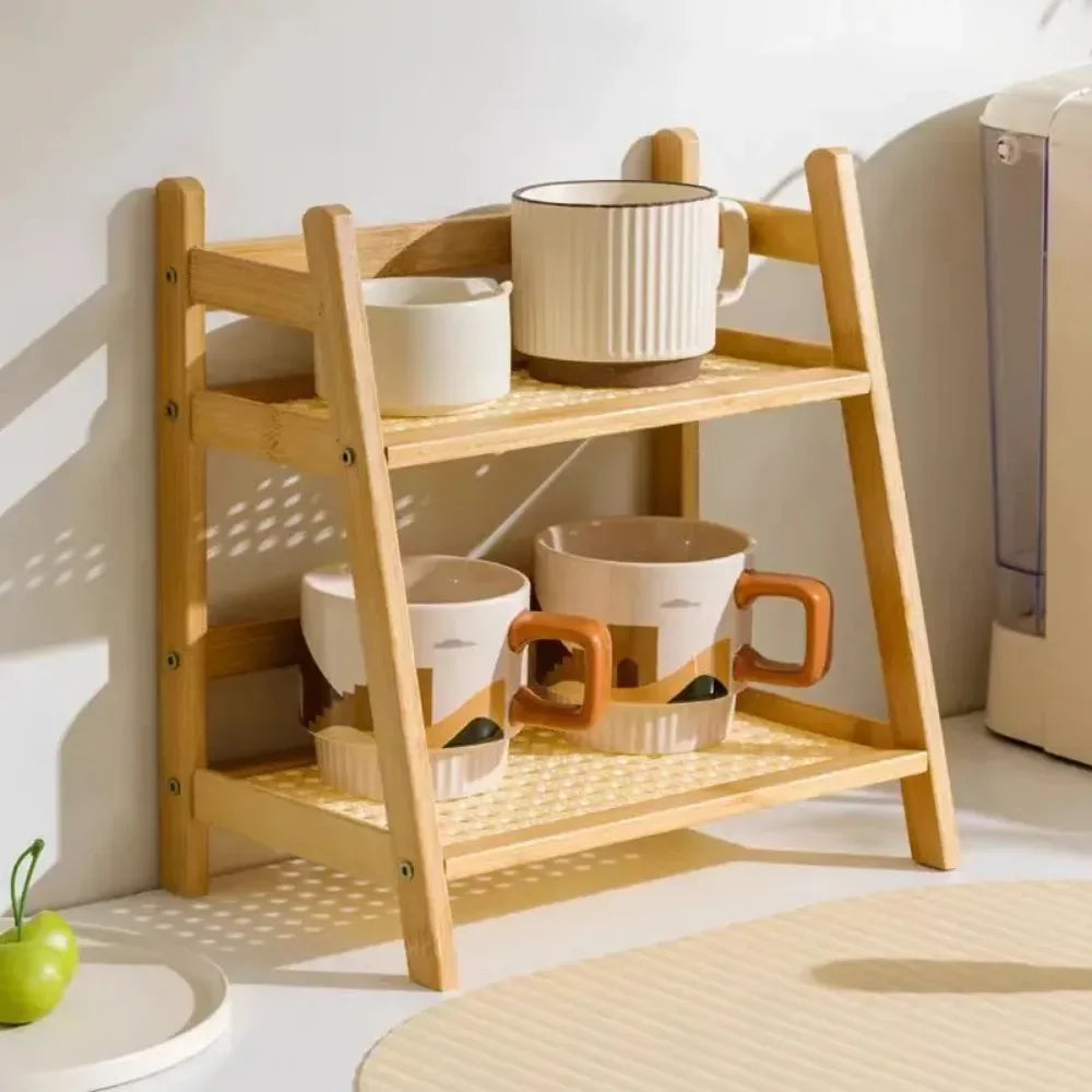 Rack de bambu de camada dupla, tipo aberto, vaso de flores, organizador de armazenamento, rack de armazenamento de artigos diversos, mesa de café, balcão de bar
