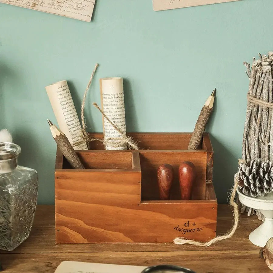 1 pçs caixa de armazenamento de mesa de madeira, caixa de armazenamento de mesa retro, rack de armazenamento de lápis de mesa, rack de colocação de controle remoto, caixa de armazenamento de suporte de caneta de pincel de maquiagem para escritório, penteadeira
