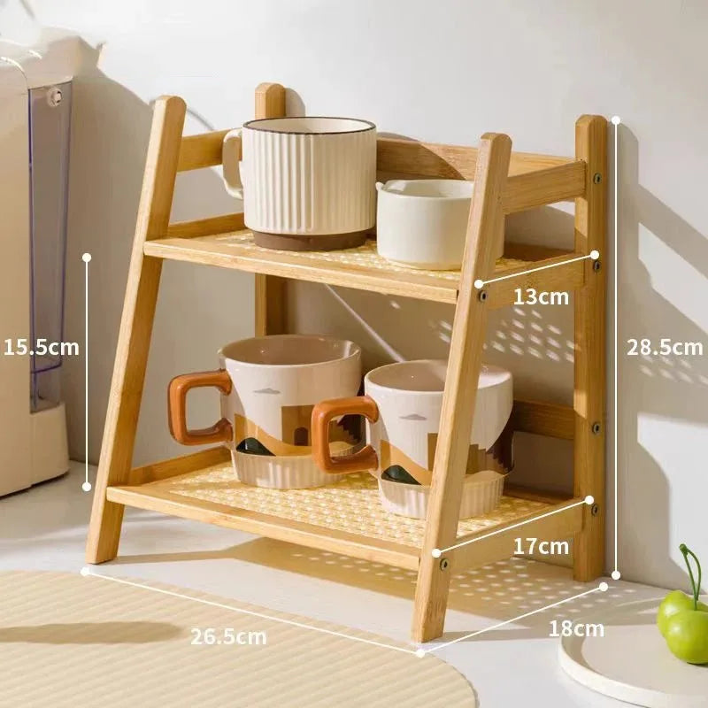 Rack de bambu de camada dupla, tipo aberto, vaso de flores, organizador de armazenamento, rack de armazenamento de artigos diversos, mesa de café, balcão de bar
