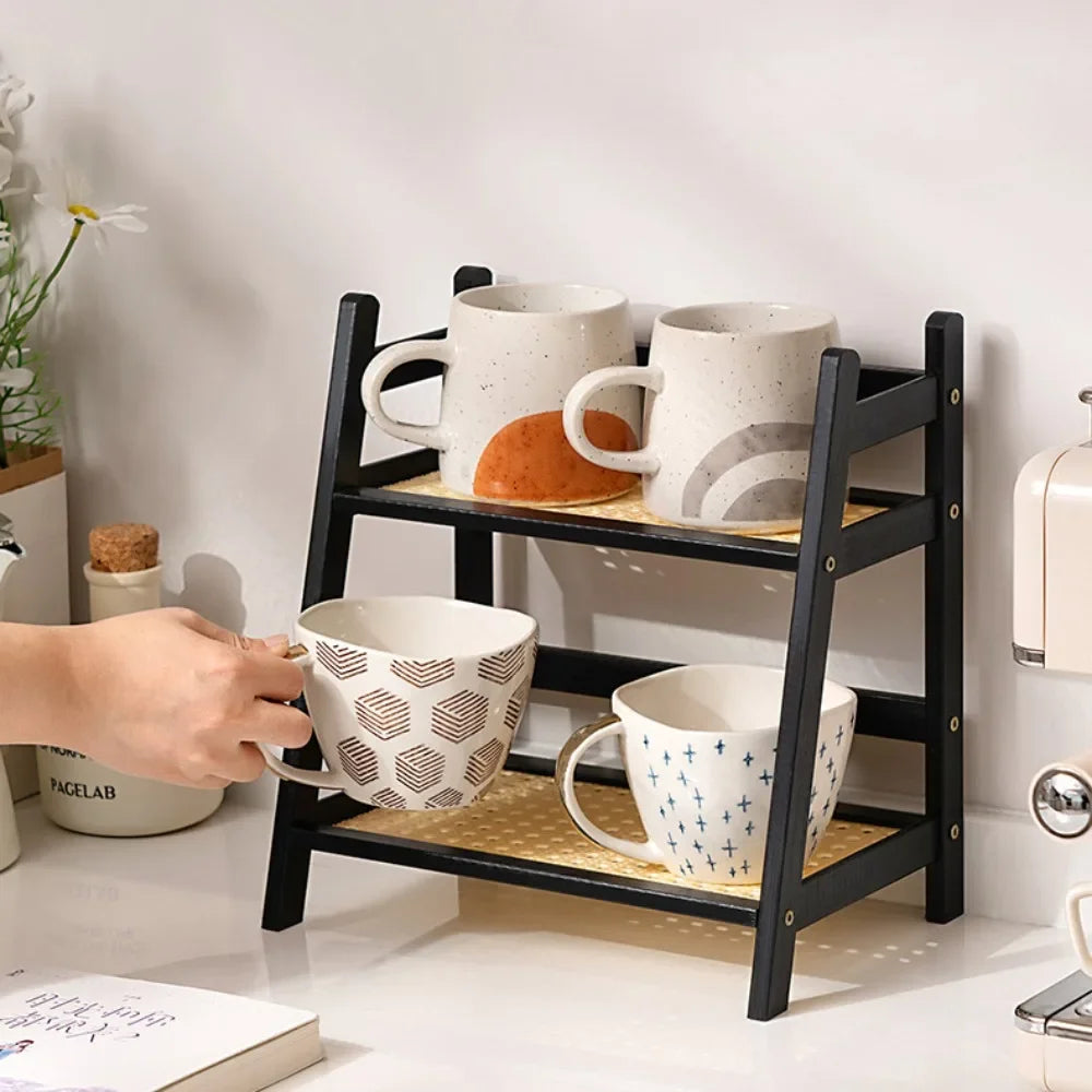 Rack de bambu de camada dupla, tipo aberto, vaso de flores, organizador de armazenamento, rack de armazenamento de artigos diversos, mesa de café, balcão de bar
