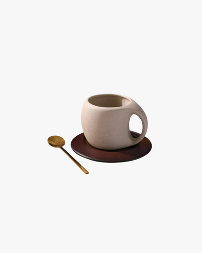 Xícara e Pires Premium de Café em Cerâmica com Colher Dourada