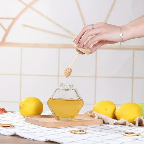 Frasco Hexagonal de Vidro com Tampa de Bambu para Mel