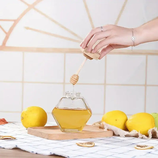 Frasco Hexagonal de Vidro com Tampa de Bambu para Mel