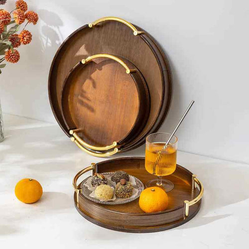 Bandeja Luxuosa de Madeira de Acácia com Detalhes Dourados