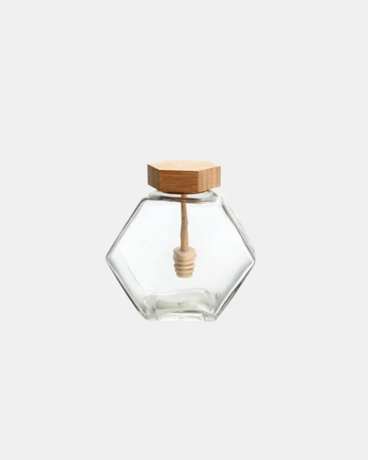 Frasco Hexagonal de Vidro com Tampa de Bambu para Mel