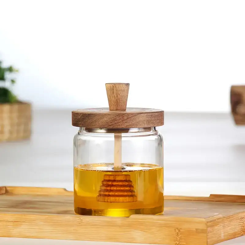 Jarra de Mel em Vidro de Borosilicato com Tampa de Madeira