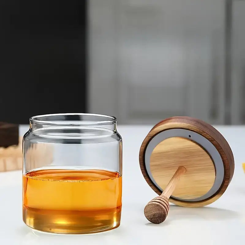 Jarra de Mel em Vidro de Borosilicato com Tampa de Madeira