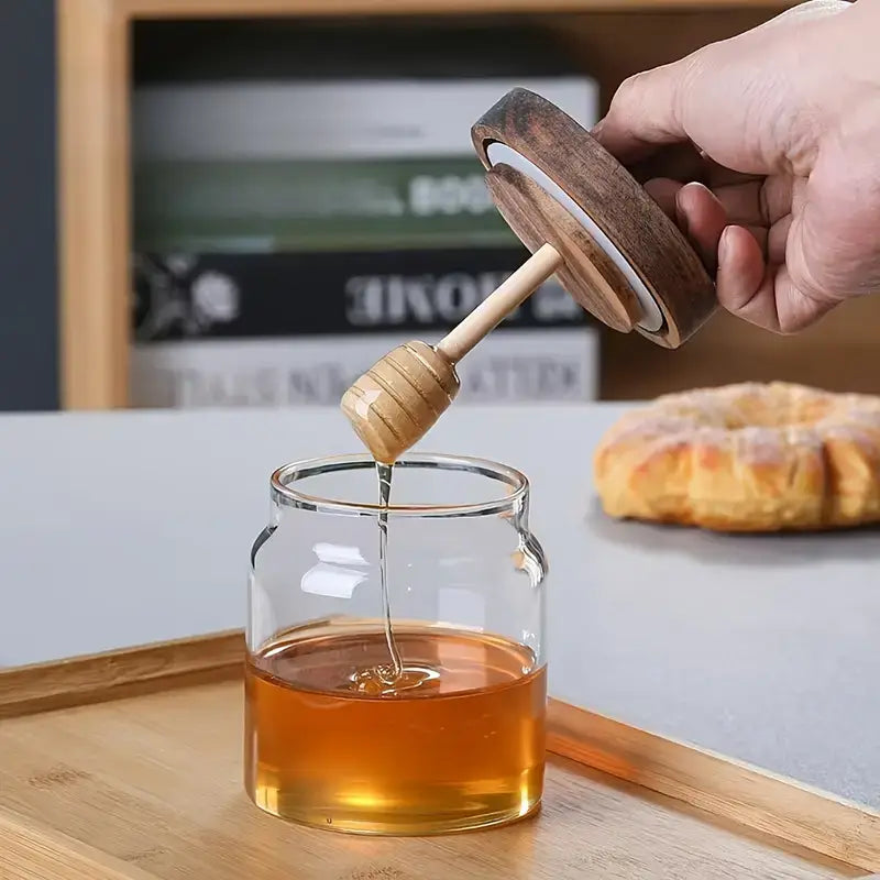 Jarra de Mel em Vidro de Borosilicato com Tampa de Madeira