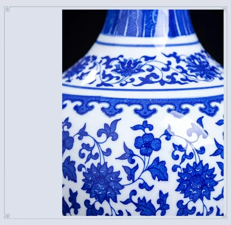 Vaso de porcelana azul e branco, decoração de sala de estar, arranjo de flores, artesanato decorativo antigo, vasos de cerâmica jingdezhen