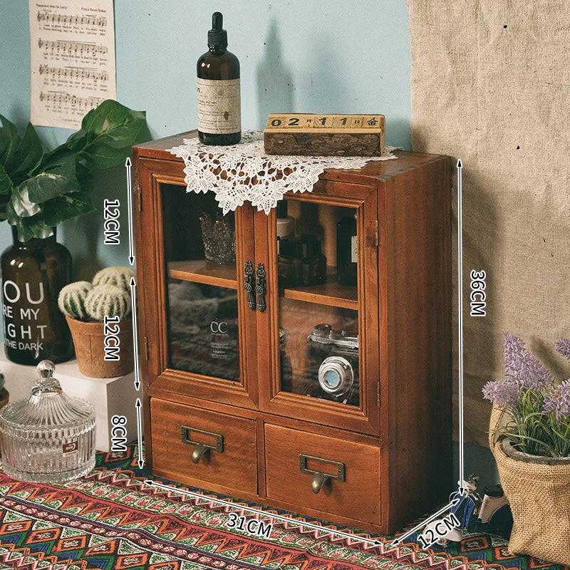 Nordic madeira maciça retro porta dupla armário de exibição diversos cosméticos armário de armazenamento gaveta caixa de armazenamento de mesa