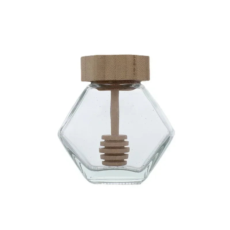 Frasco De Vidro Hexagonal Com Agitando Dipper, Tampa De Madeira De Bambu, Recipiente De Mel Hexagonal, Tampa De Ferro Garrafa De Armazenamento, 100ml 380ml