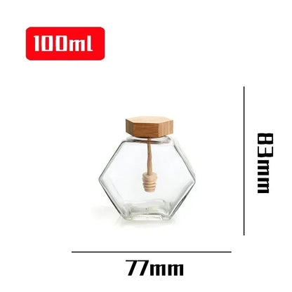 Frasco De Vidro Hexagonal Com Agitando Dipper, Tampa De Madeira De Bambu, Recipiente De Mel Hexagonal, Tampa De Ferro Garrafa De Armazenamento, 100ml 380ml