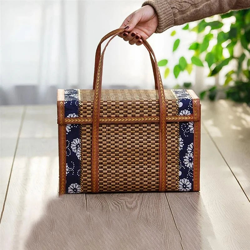 Cesta De Tecido De Piquenique De Bambu Dobrável, Saco De Armazenamento De Vime, Lidar Com Cesta De Grama Do Rattan