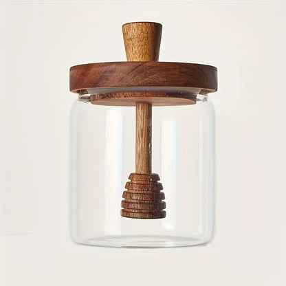 Jarra de mel 400ml, vidro de borosilicato alto, tanque selado com tampa de madeira, haste de mistura, varas de madeira, armazenamento selado transparente