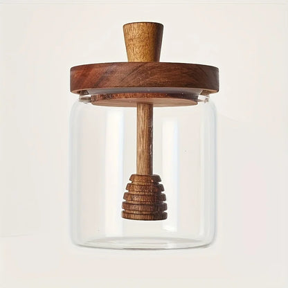 Jarra de mel 400ml, vidro de borosilicato alto, tanque selado com tampa de madeira, haste de mistura, varas de madeira, armazenamento selado transparente
