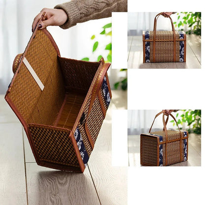Cesta De Tecido De Piquenique De Bambu Dobrável, Saco De Armazenamento De Vime, Lidar Com Cesta De Grama Do Rattan