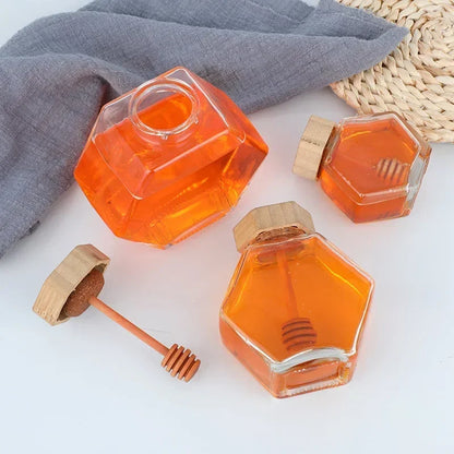 Frasco De Vidro Hexagonal Com Agitando Dipper, Tampa De Madeira De Bambu, Recipiente De Mel Hexagonal, Tampa De Ferro Garrafa De Armazenamento, 100ml 380ml