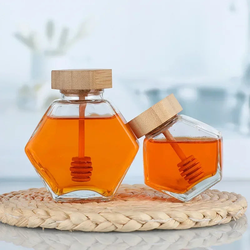 Frasco De Vidro Hexagonal Com Agitando Dipper, Tampa De Madeira De Bambu, Recipiente De Mel Hexagonal, Tampa De Ferro Garrafa De Armazenamento, 100ml 380ml