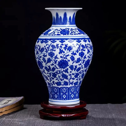 Vaso de porcelana azul e branco, decoração de sala de estar, arranjo de flores, artesanato decorativo antigo, vasos de cerâmica jingdezhen