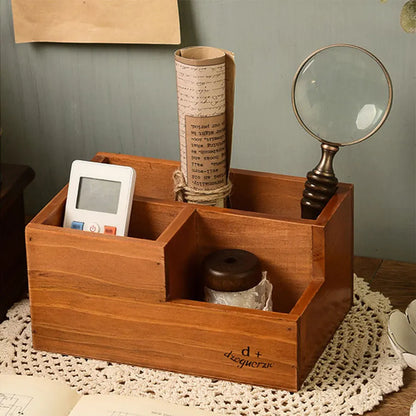 1 pçs caixa de armazenamento de mesa de madeira, caixa de armazenamento de mesa retro, rack de armazenamento de lápis de mesa, rack de colocação de controle remoto, caixa de armazenamento de suporte de caneta de pincel de maquiagem para escritório, penteadeira