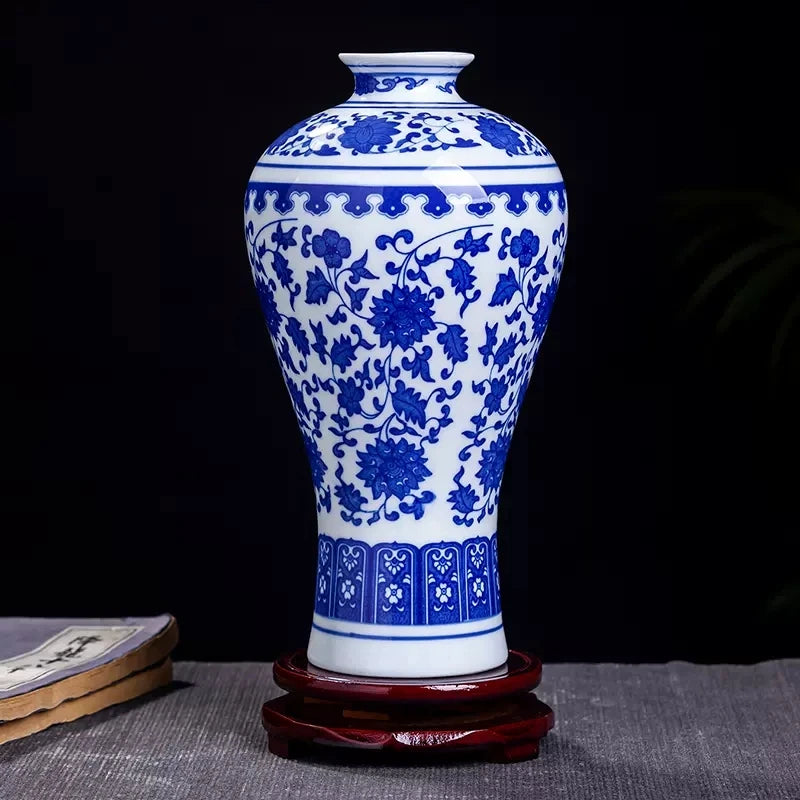Vaso de porcelana azul e branco, decoração de sala de estar, arranjo de flores, artesanato decorativo antigo, vasos de cerâmica jingdezhen