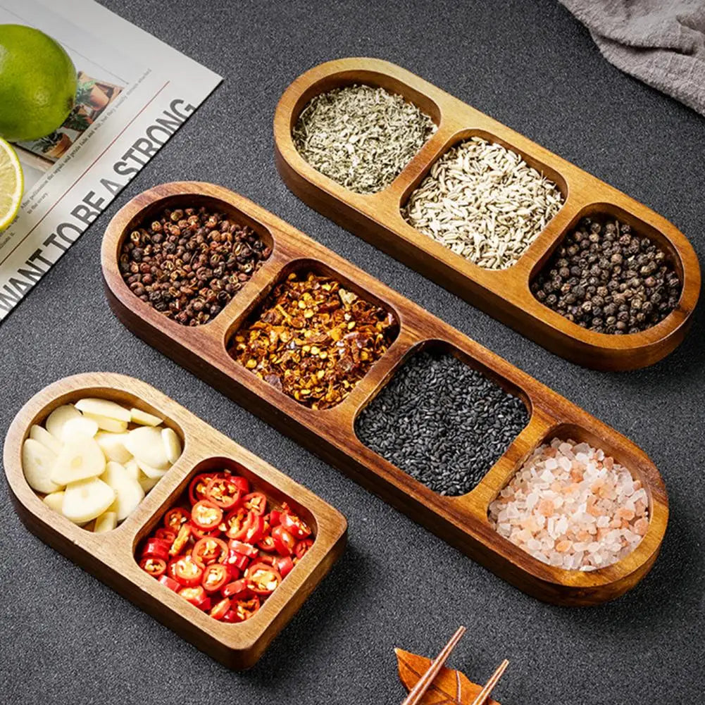 Bandeja de servir dividida de madeira, prato de condimentos, pratos de molho com vários compartimentos para lanches, aperitivos, doces de frutas, pratos de madeira elegantes