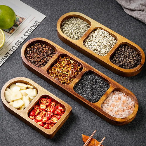 Bandeja de servir dividida de madeira, prato de condimentos, pratos de molho com vários compartimentos para lanches, aperitivos, doces de frutas, pratos de madeira elegantes