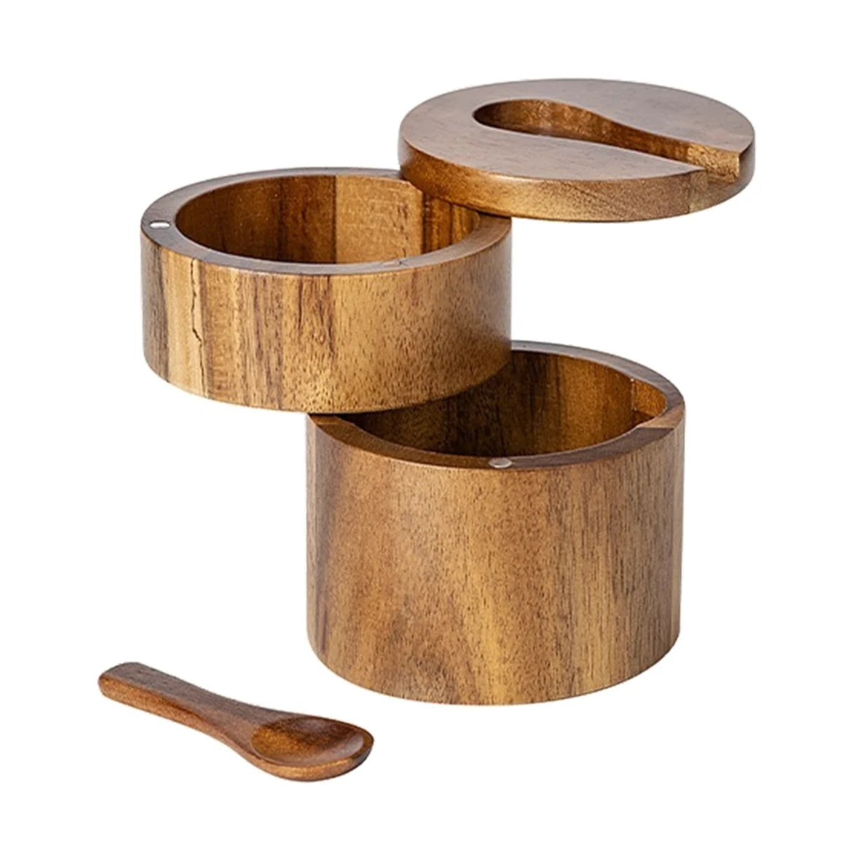 Adega de Sal de Madeira de Acácia com Tampa Giratória e Colher