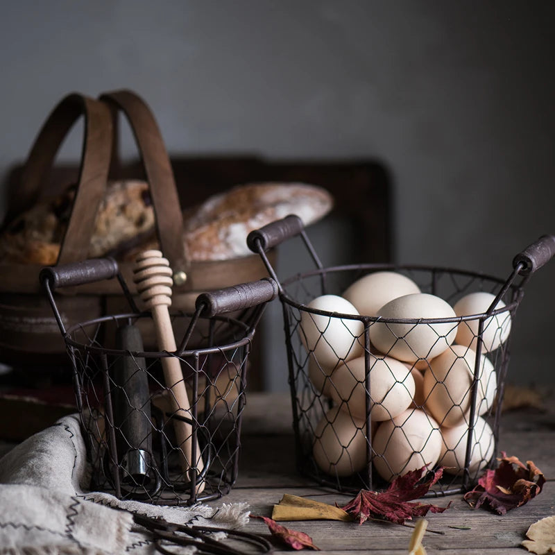 Cesta de Armazenamento Retro com Punho de Madeira