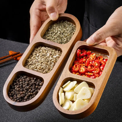 Bandeja de servir dividida de madeira, prato de condimentos, pratos de molho com vários compartimentos para lanches, aperitivos, doces de frutas, pratos de madeira elegantes