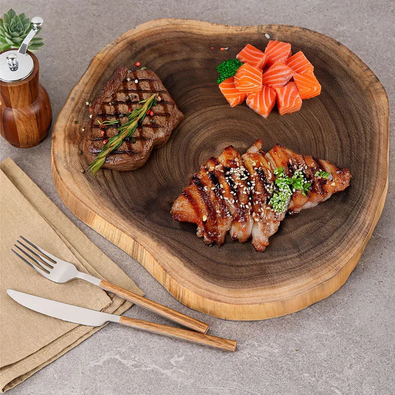 Bandeja de servir de madeira maciça natural com grão exclusivo artesanal placa de bife de madeira irregular placa de corte restaurante ferramentas de cozinha
