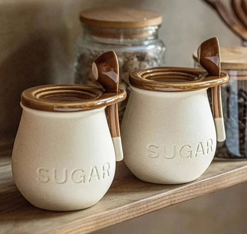 Frasco de Tempero Vintage em Cerâmica com Colher