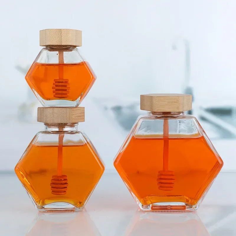 Frasco De Vidro Hexagonal Com Agitando Dipper, Tampa De Madeira De Bambu, Recipiente De Mel Hexagonal, Tampa De Ferro Garrafa De Armazenamento, 100ml 380ml