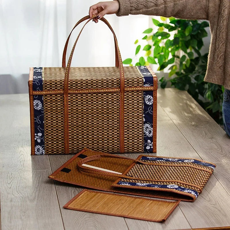 Cesta De Tecido De Piquenique De Bambu Dobrável, Saco De Armazenamento De Vime, Lidar Com Cesta De Grama Do Rattan