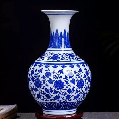 Vaso de porcelana azul e branco, decoração de sala de estar, arranjo de flores, artesanato decorativo antigo, vasos de cerâmica jingdezhen