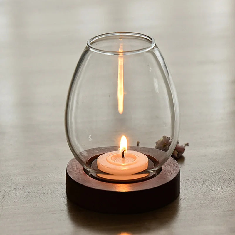 Castiçal de vidro transparente, candelabro retrô redondo oco à prova de vento, decorações de mesa de jantar para festa de casamento