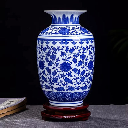 Vaso de porcelana azul e branco, decoração de sala de estar, arranjo de flores, artesanato decorativo antigo, vasos de cerâmica jingdezhen