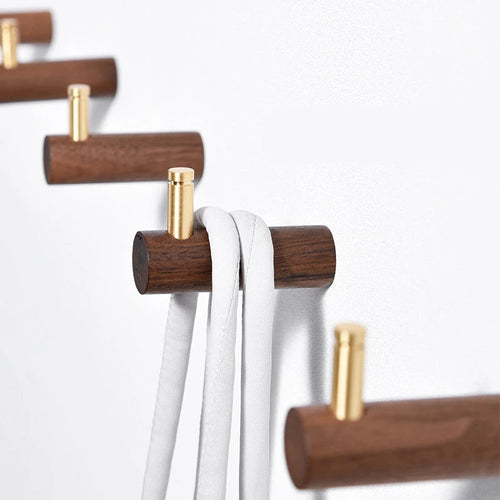 Gancho Decorativo de Madeira e Latão para Parede - 3 Unidades