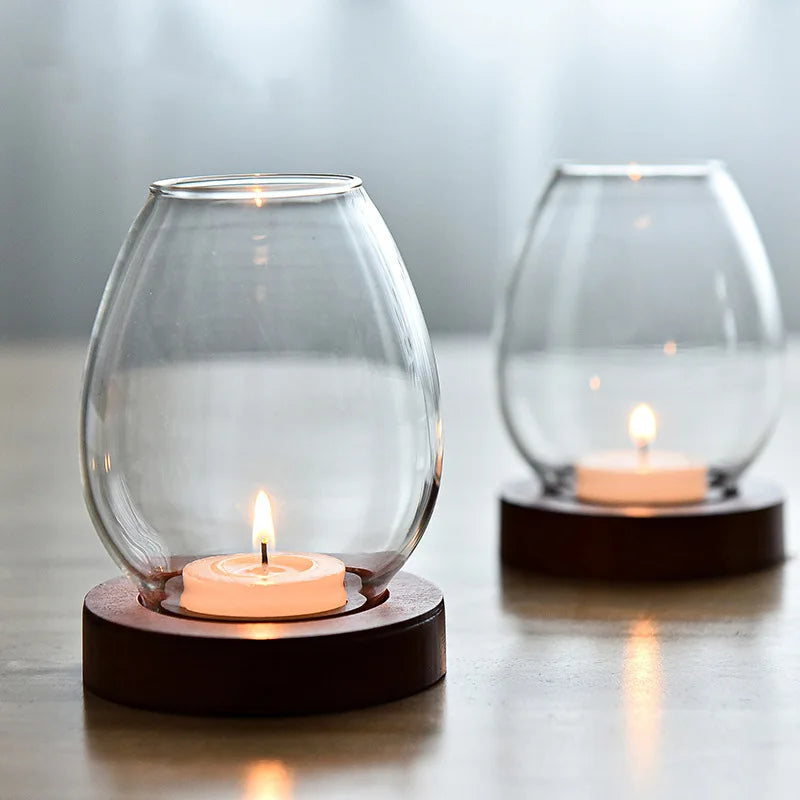 Castiçal de vidro transparente, candelabro retrô redondo oco à prova de vento, decorações de mesa de jantar para festa de casamento